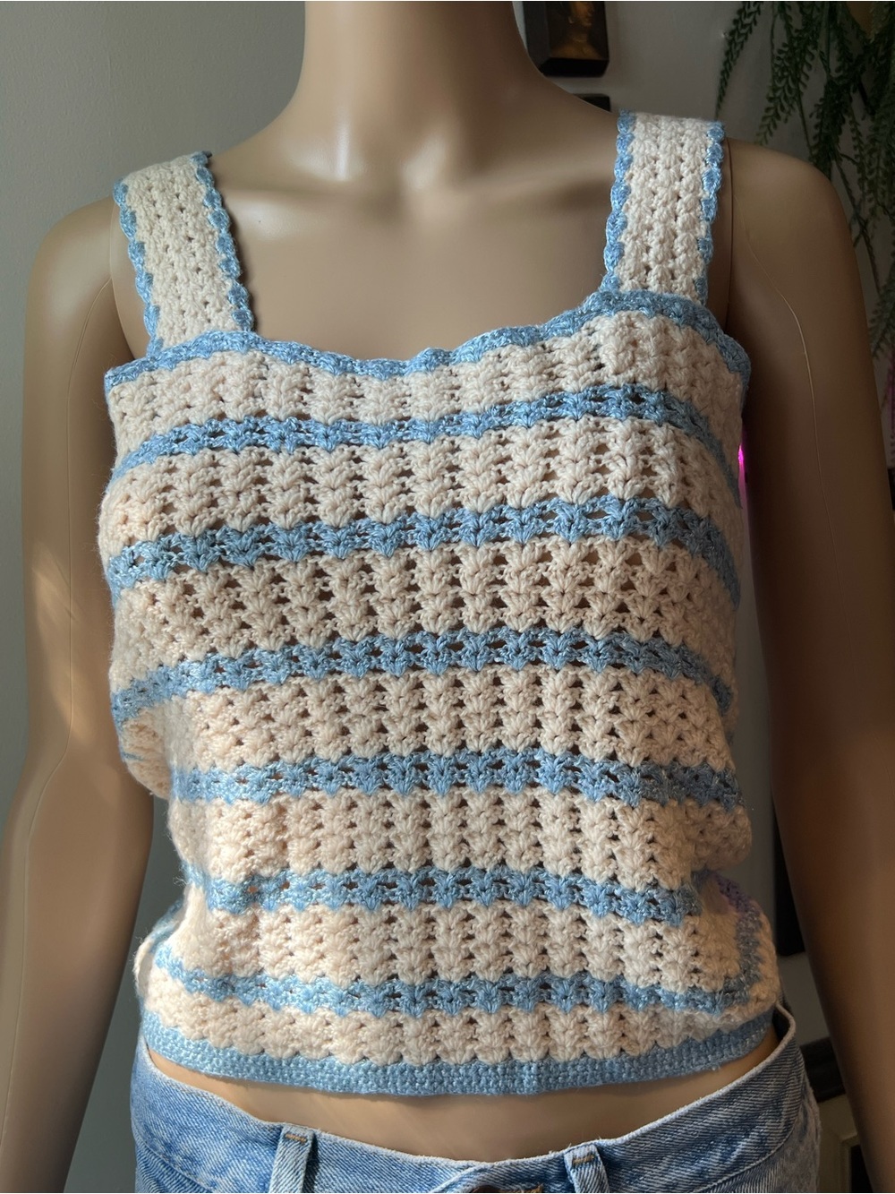 Vintage Handmade Crochet Stripe Crop Tank Top in Cream and Light Blue